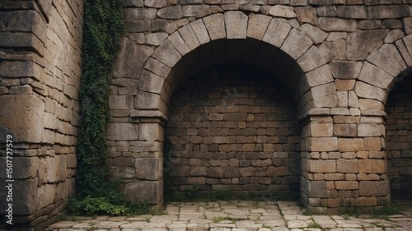 Fototapeta Ancient Stone Archway Architectural Marvel of History, Rustic Texture, Weathered Stone, Historic Building, Old Masonry