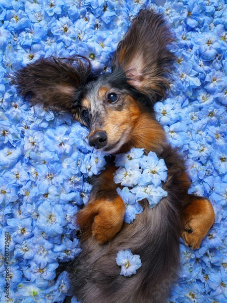 Fototapeta Close up view of a cute longhair dachshund dog lying on its back and looking up, lying on a bed of a blue delphinium flowers