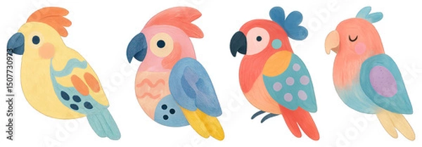 Fototapeta PNG Colorful cartoon parrot illustrations, element set on transparent background