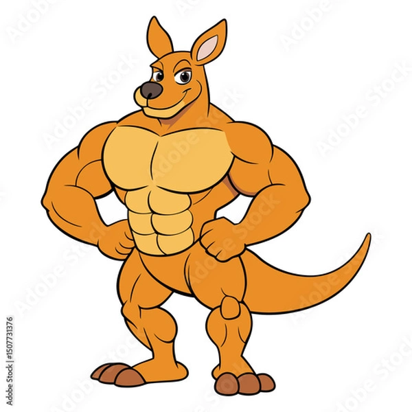 Obraz Cartoon muscular kangaroo isolated on white background. Kangaroo bodybuilder shows strong arms, biceps. Side view. Vector illustration