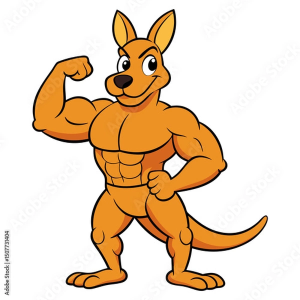 Obraz Cartoon muscular kangaroo isolated on white background. Kangaroo bodybuilder shows strong arms, biceps. Side view. Vector illustration