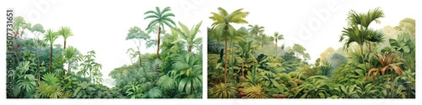 Fototapeta PNG Lush tropical jungle foliage landscape, element set on transparent background