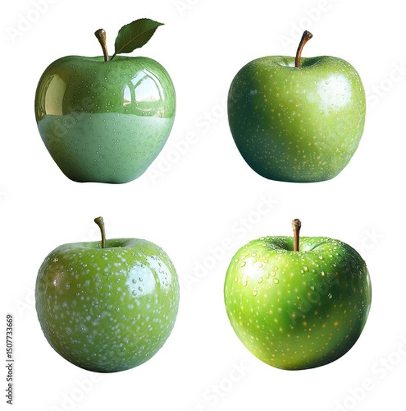 Fototapeta Bright green apples displayed in various angles, showcasing their shiny skin and fresh appearance, evoke sense of vitality and health