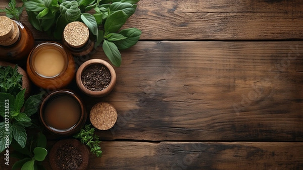 Fototapeta Collection of natural herbs and spices in jars on rustic wooden table, showcasing vibrant green color palette and earthy textures