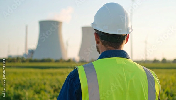 Obraz worker seen from behind, wearing a white helmet and a fluorescent yellow safety vest