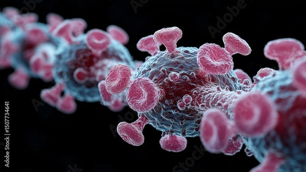 Obraz Microscopic view of virus attacking cell, showcasing intricate details and dynamic structures. image evokes sense of scientific exploration