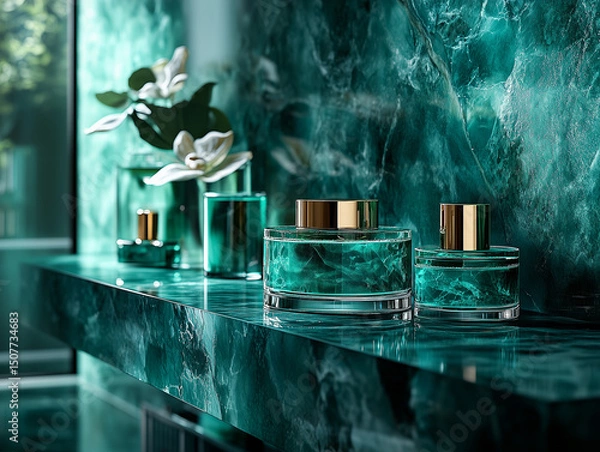 Fototapeta Luxurious glass containers with golden lids are elegantly displayed on vibrant green marble surface, creating serene and opulent atmosphere