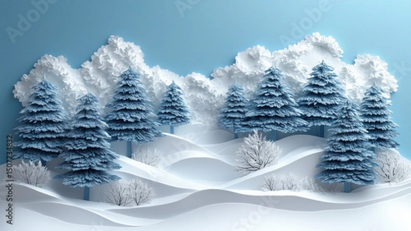 Fototapeta Serene winter wonderland featuring snow covered trees and gentle hills, creating peaceful and magical atmosphere
