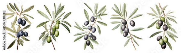 Fototapeta PNG Realistic olive branch illustrations, element set on transparent background