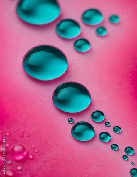 Obraz Colorful water drops, liquid spheres in a macro illustration on a pink background, show light reflections