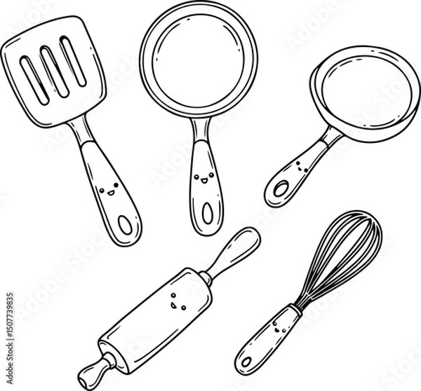 Fototapeta Smiling kitchen tools, all with happy faces, arranged playfully