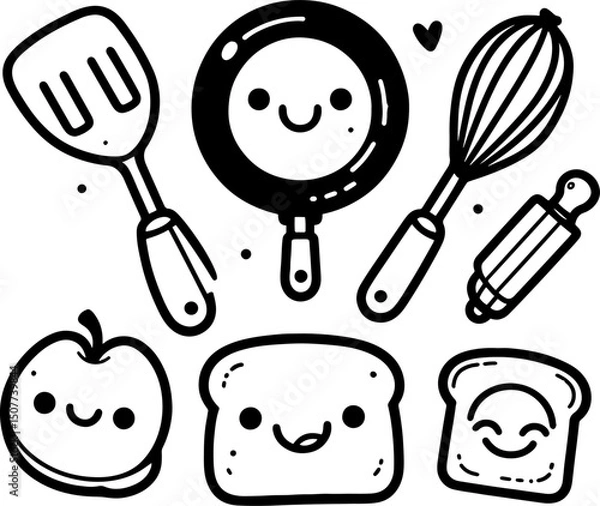 Fototapeta Smiling kitchen tools, all with happy faces, arranged playfully