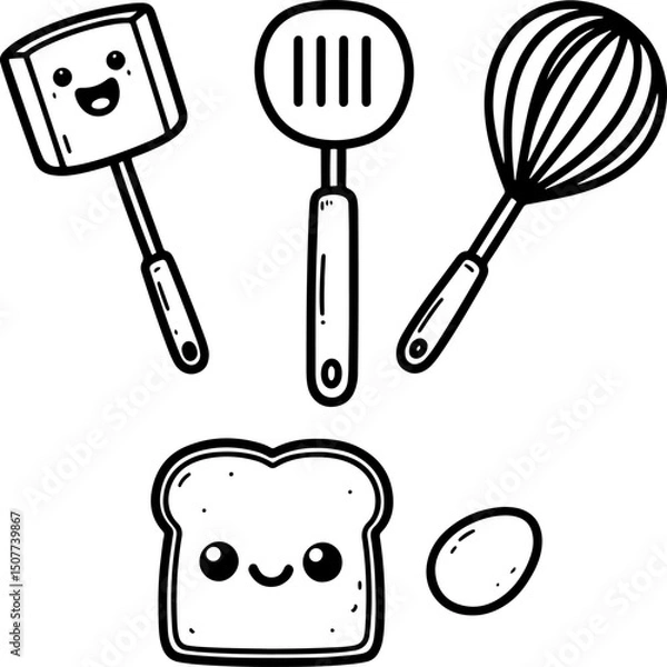 Fototapeta Smiling kitchen tools, all with happy faces, arranged playfully