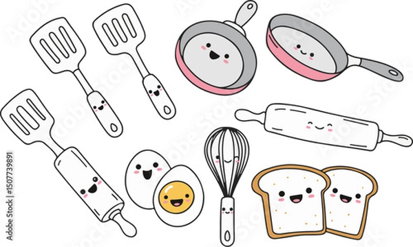 Fototapeta Smiling kitchen tools, all with happy faces, arranged playfully