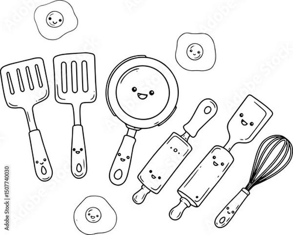 Fototapeta Smiling kitchen tools, all with happy faces, arranged playfully