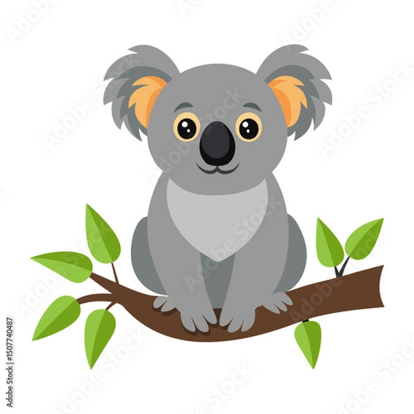 Obraz Cute cartoon koala sitting on a tree branch isolated on white background. Koala hanging on the tree. Side view. Vector illustration.