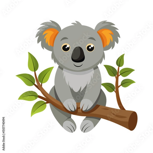 Obraz Cute cartoon koala sitting on a tree branch isolated on white background. Koala hanging on the tree. Side view. Vector illustration.
