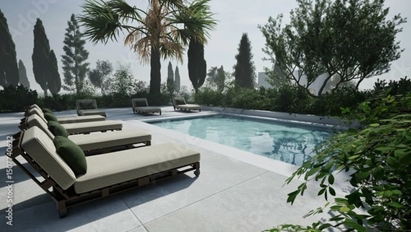 Fototapeta 3D render of a serene poolside terrace with sun loungers, lush greenery, and mountain views. Minimalist outdoor design perfect for luxury relaxation and summer inspiration.