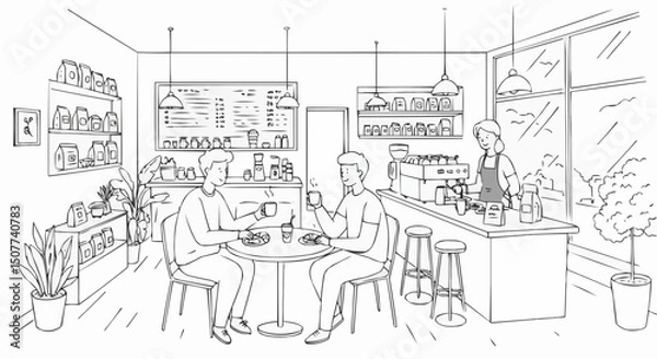 Fototapeta Two men enjoying drinks while talking in a cozy cafe interior  