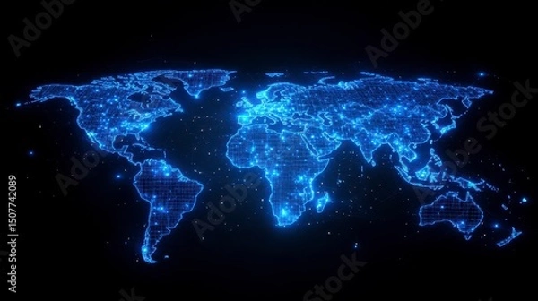 Fototapeta Illuminated world map glowing in blue against dark background showing continents and oceans