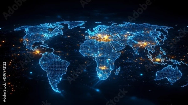 Fototapeta Digital world map glows with interconnected cities across continents and oceans