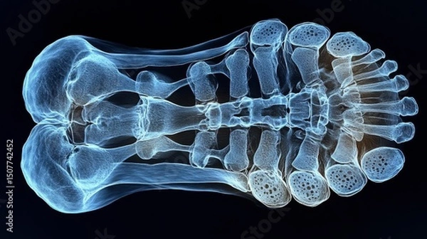 Fototapeta An x-ray displays bones of a person's foot, showing toe structure, arch support, and skeletal details