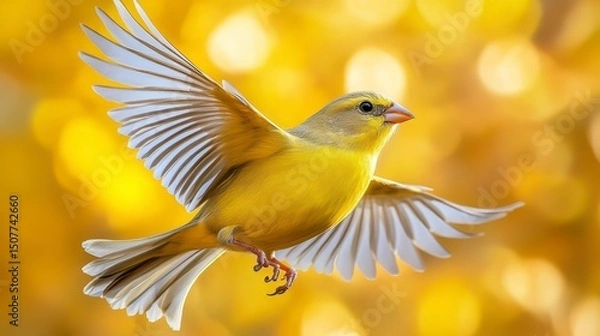 Fototapeta Canary in flight, wings spread against a blurry yellow-toned background