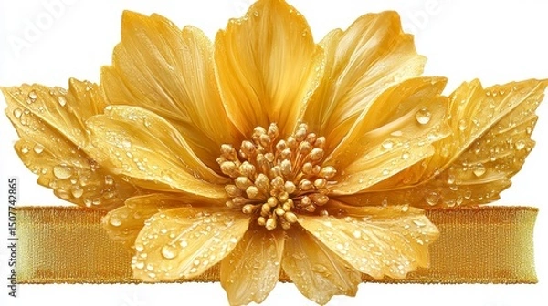 Fototapeta Elegant golden flower, dew-kissed petals, rests atop a textured ribbon, bathed in soft light