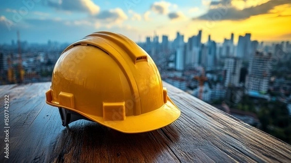 Fototapeta Construction safety A hard hat rests against a blurred cityscape backdrop at sunset