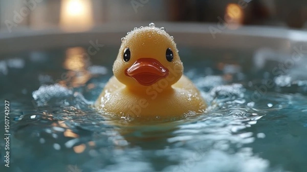 Fototapeta A yellow duck toy floats serenely on water, creating ripples in a soft, blurred ambiance