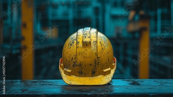 Fototapeta Dirty yellow hardhat atop textured surface in industrial setting, yellow posts background