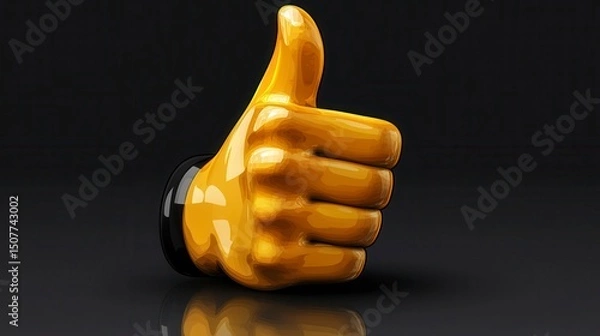 Fototapeta Golden thumbs up on black surface, symbolizes approval and positivity, casting soft shadows