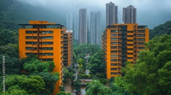 Fototapeta Urban buildings peek through lush trees on an overcast day