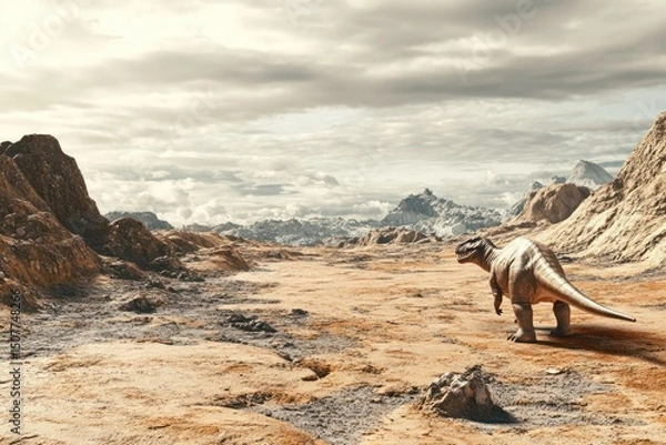 Fototapeta Vast arid desert landscape with rugged mountains and a lone dinosaur walking across the dry terrain under cloudy sky du daytime