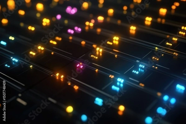 Obraz Abstract digital data visualization with luminous colorful glowing lines and dots representing technology connectivity and electronic digital information flow