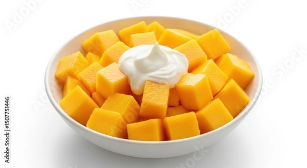 Obraz Mango cubes with cream representing freshness and tropical delight in a white bowl