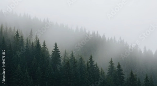 Obraz Misty mountain forest scene featuring evergreen trees and fog symbolizing serenity and mystery