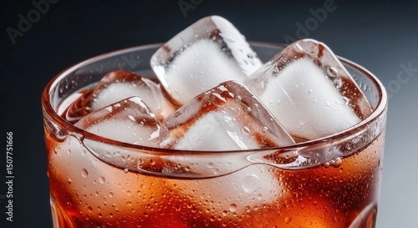 Fototapeta Refreshing iced drink with condensation glass and ice cubes symbolizing coolness and relaxation