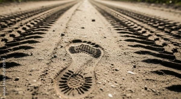 Obraz Footprint on sandy road with tire tracks symbolizing journey and progress