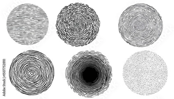 Obraz Abstract Line Pattern Circle Set � Hand Drawn Texture with Doodle Decorative Lines, Spirals, Scribbles, and Grunge Brush Round Elements. Vector Illustration.