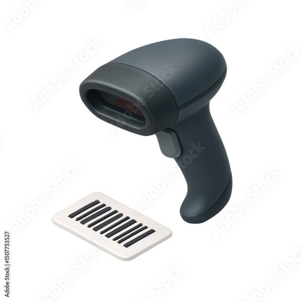 Obraz 3D icon of minimalistic barcode scanner with product tag, designed for checkout and retail. Slightly isometric view isolated on transparent, no shadows. Inventory and scanning concept.