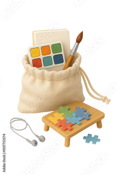 Fototapeta 3D icon of minimalistic beige drawstring bag with art supplies, earbuds, and puzzle pieces on a small table. Slightly isometric view isolated on transparent, no shadows. Creativity and play concept.