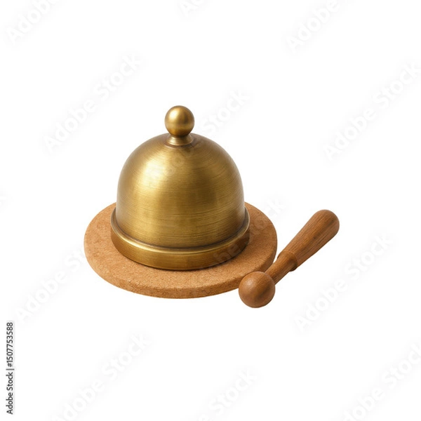 Obraz 3D icon of minimalistic brass meditation bell with wooden striker on cork base. Slightly isometric view isolated on transparent, no shadows. Sound healing and mindfulness ritual concept.