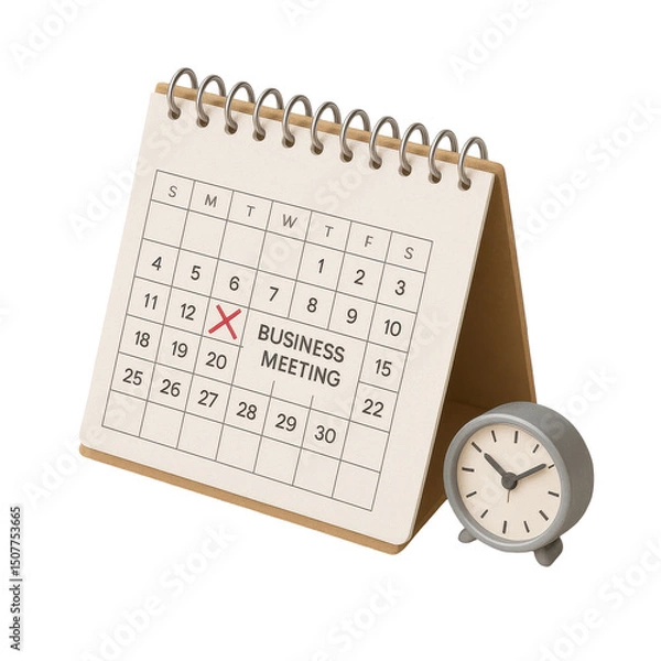 Fototapeta 3D icon of minimalistic business calendar with marked meeting and clock. Slightly isometric view isolated on transparent, no shadows.