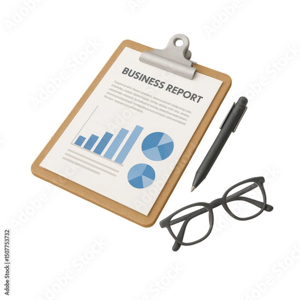 Obraz 3D icon of minimalistic clipboard with business report, pen, and glasses. Slightly isometric view isolated on transparent, no shadows. Data analysis and financial performance tracking concept.
