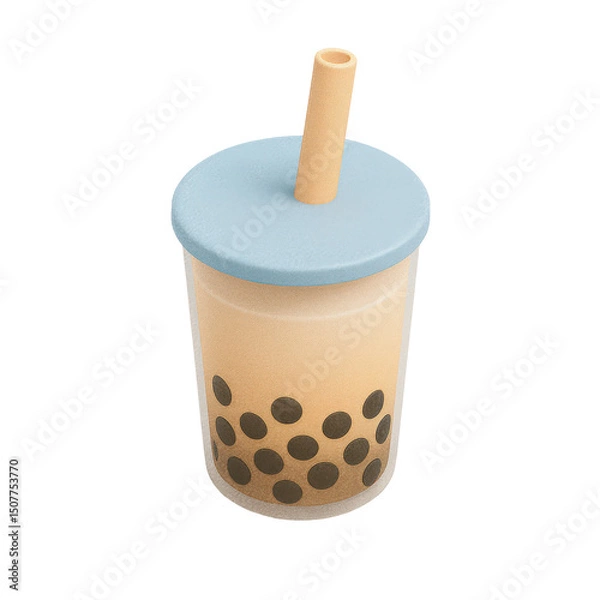 Obraz 3D icon of minimalistic cup of bubble tea with straw and tapioca pearls. Slightly isometric view isolated on transparent, no shadows. Trendy drink and sweet beverage concept.