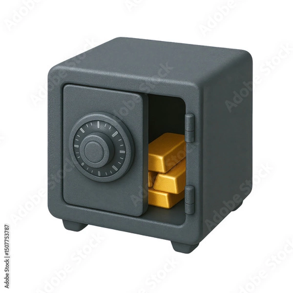 Obraz 3D icon of minimalistic dark gray safe with open door revealing stacked gold bars. Slightly isometric view isolated on transparent, no shadows. Wealth protection and security concept.