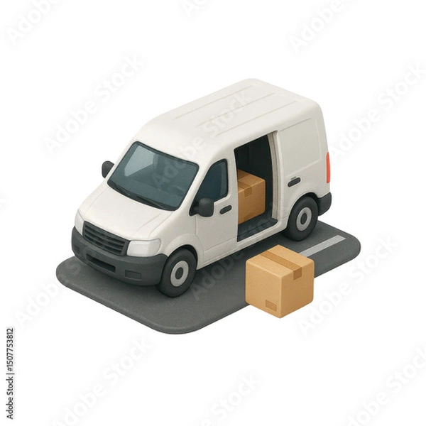 Fototapeta 3D icon of minimalistic delivery van with boxes. Slightly isometric view isolated on transparent, no shadows.