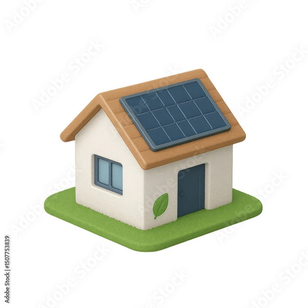 Obraz 3D icon of minimalistic eco house with solar panel roof. Slightly isometric view isolated on transparent, no shadows.