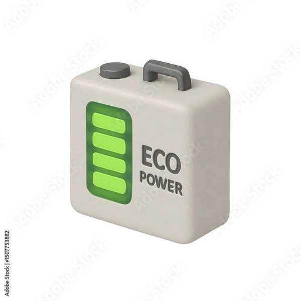 Obraz 3D icon of minimalistic eco power battery pack with green charge indicator and carry handle. Slightly isometric view isolated on transparent, no shadows. Sustainability and portable energy concept.